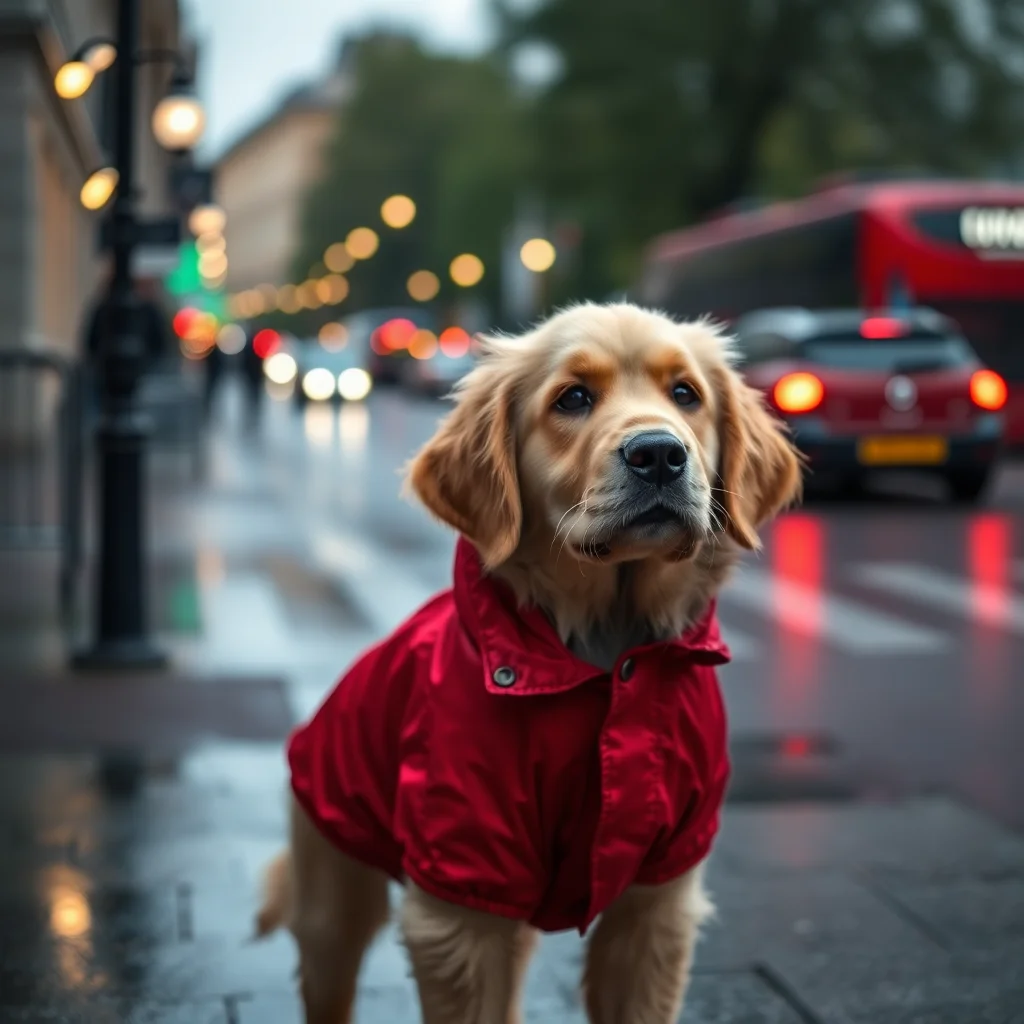 AI image: Golden retriever puppy in a red raincoat on a rainy London street, soft evening light, photo